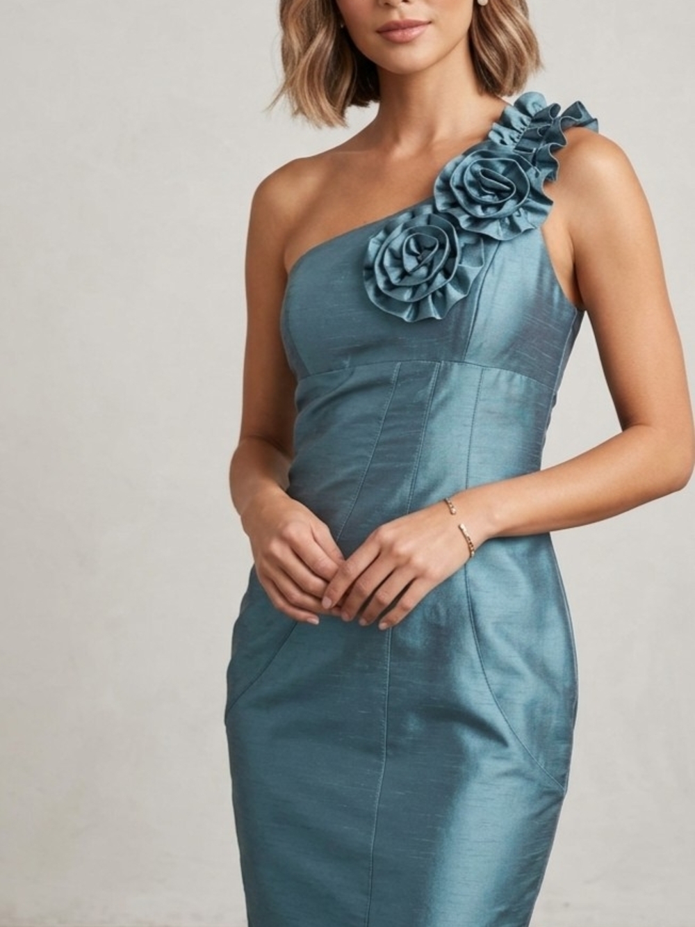 One-Shoulder Teal Floral Applique Dress
